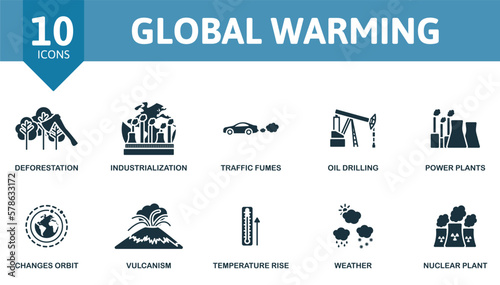 Global warming set. Creative icons: deforestation, industrialization, traffic fumes, oil drilling, power plants, changes orbit, vulcanism, temperature rise, weather, nuclear plant.