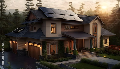 Solar panels mounted on the roof of a beautiful home. Generative AI