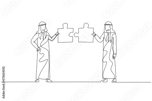 Drawing of arab businessman with friend connecting the puzzle. Concept of networking. Single continuous line art