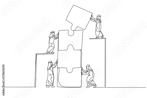 Cartoon of arab businessman with coworker connecting puzzle elements. Concept of teamwork. Continuous line art