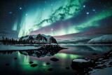 Northern Lights Illuminating Starry Night Over Lake. Aurora Borealis, Nature’s Light Show.