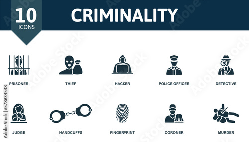 Criminality set. Creative icons: prisoner, thief, hacker, police officer, detective, judge, handcuffs, fingerprint, coroner, murder.