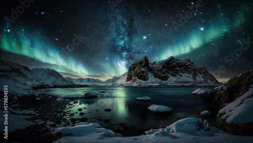 Breathtaking Display of Northern Lights Over Tranquil Lake. Starlit Sky, Aurora Borealis.