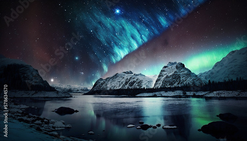 Aurora Borealis Glowing Over Lake Under Stars. Northern Lights, Starry Night Spectacle.
