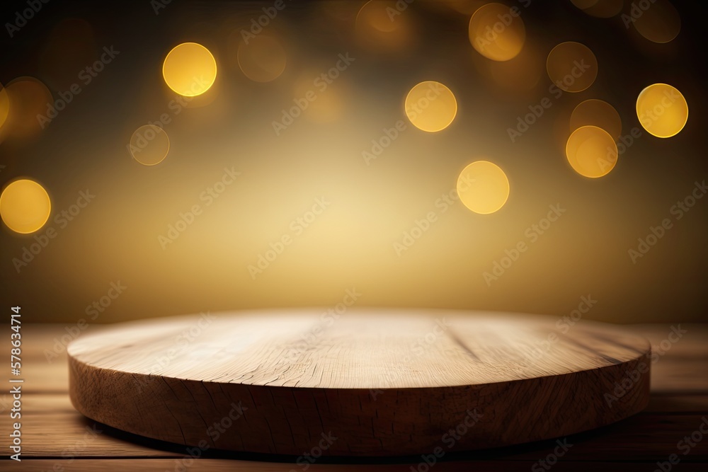 Blank wooden tabletop against a hazy, gold bokeh abstract background. Visual compositional cornerstone for product montages or designer's reference. Generative AI - obrazy, fototapety, plakaty 