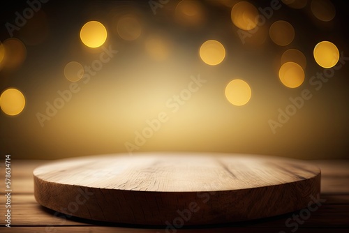Blank wooden tabletop against a hazy, gold bokeh abstract background. Visual compositional cornerstone for product montages or designer's reference. Generative AI photo