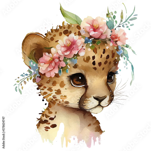 Watercolor baby cheetah leopard with wreath of flowers on head. Cute cartoon vector Kawaii cub jaguar character in floral crown isolated on white background. Adorable animal portrait for kids book