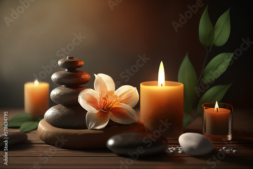 Spa concept  candles  towels  massage stones  soft light. Generated by AI technology 