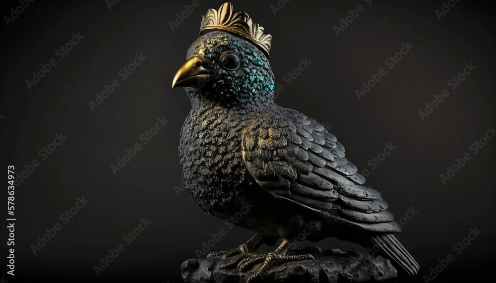 Crow statue, crow, birds on dark background, with gold crown, gilt, gold, Kondurin, patale, niche design, pieces of gold in the air. Generative AI. Crow statue, crow, birds on dark background, with gold crown, gilt, gold, Kondurin, patale, niche design, pieces of gold in the air. Generative AI.