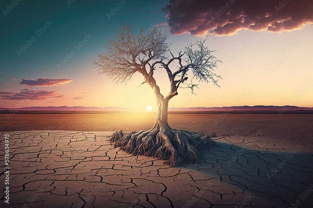 Landscape of dry cracked earth and dead tree. Generative AI