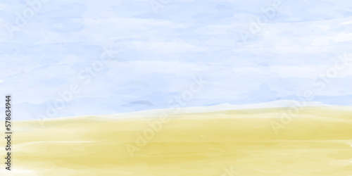 Watercolor summer travel background with sand and sea. Summer holiday on the beach background. Vector illustration for summer design