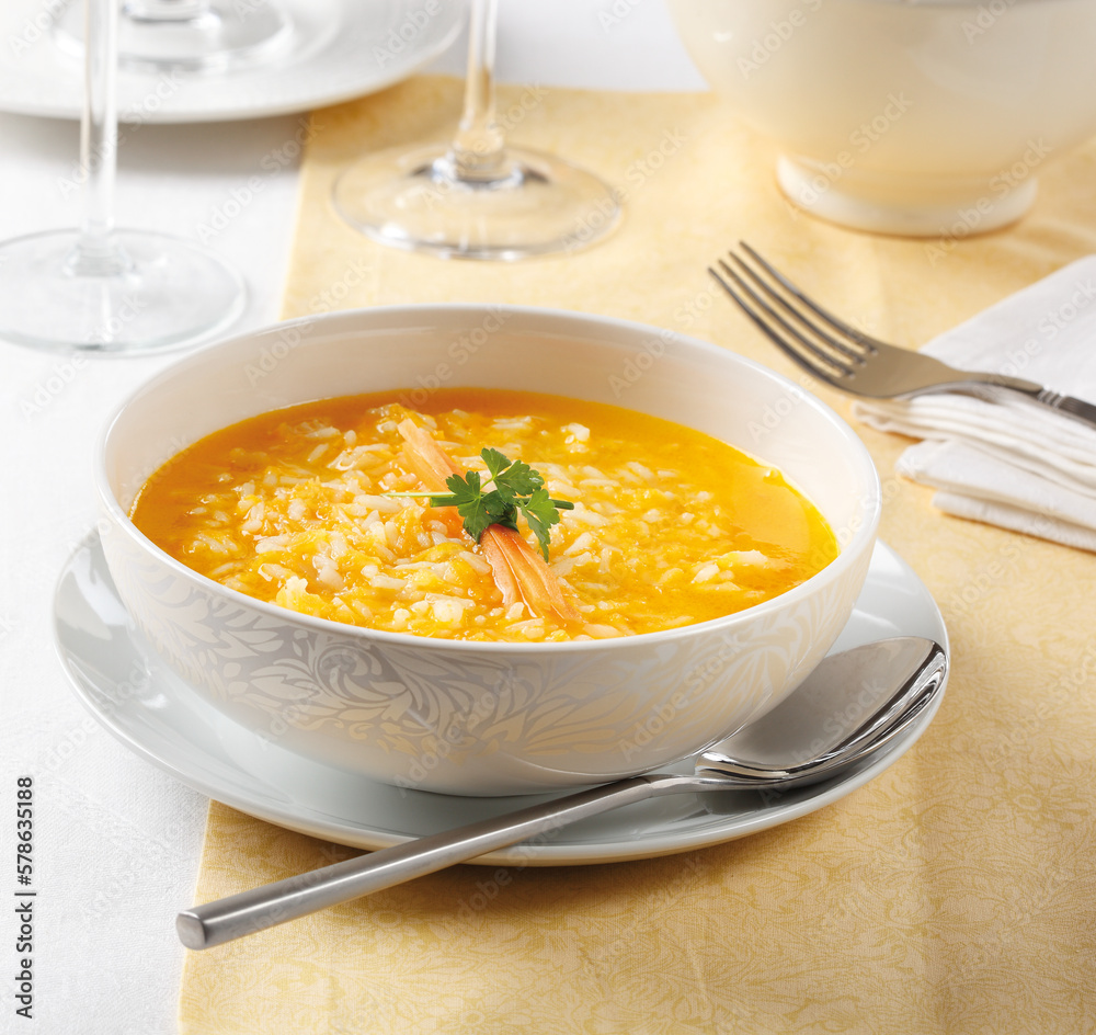 bowl of carrot soup with rice bowl of carrot soup with rice