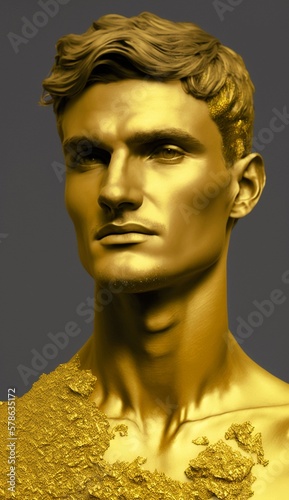 Statue in the style of ancient Greece, young man of gold, cheekbones, strong guy, majestic monument. Generative AI.
