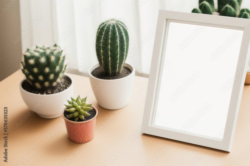 Blank picture frame mockup on desk. Scandinavian minimalist style. Interior items. Pot with cactus. Generative AI. Blank picture frame mockup on desk. Scandinavian minimalist style. Interior items. Pot with cactus. Generative AI.