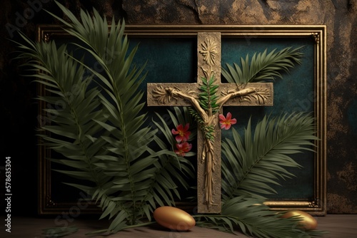 Palm Sunday with cross background, Christian moveable feast that falls on the Sunday before Easter, Christ triumphal entry into Jerusalem. Generative ai