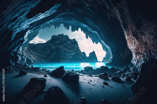 Blue cave with beautiful blue water with mountain on the middle