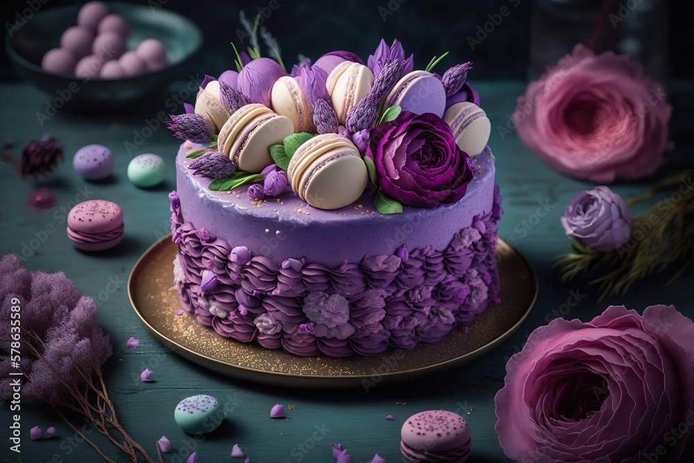 Beautiful purple cake decorate of fresh flowers, macaroons and meringue. Love concept, Wedding cake, birthday cake, spring background, AI generated Beautiful purple cake decorate of fresh flowers, macaroons and meringue. Love concept, Wedding cake, birthday cake, spring background, AI generated