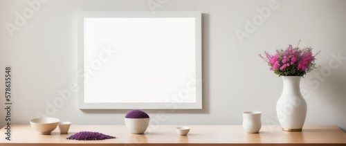 Blank picture frame mockup on desk. Scandinavian minimalist style. Interior items. Vases with dried flowers. Generative AI. © Mountains Hunter