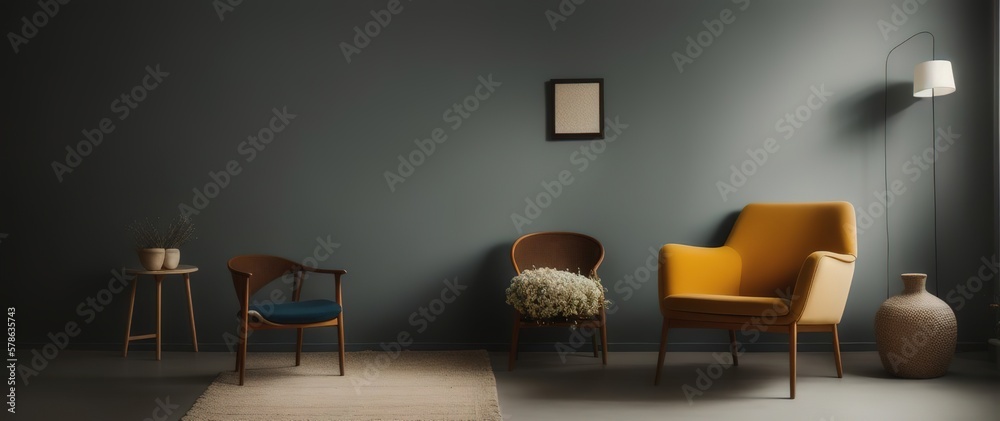Blank picture frame mockup on desk. Scandinavian minimalist style. Interior items. Armchairs against the wall. Generative AI. Blank picture frame mockup on desk. Scandinavian minimalist style. Interior items. Armchairs against the wall. Generative AI.