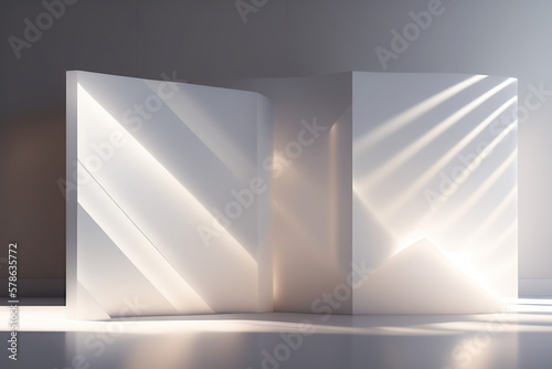 Beautiful light background mock-up for presentation with decorative white panels and decorate with hidden lighting. AI generated.