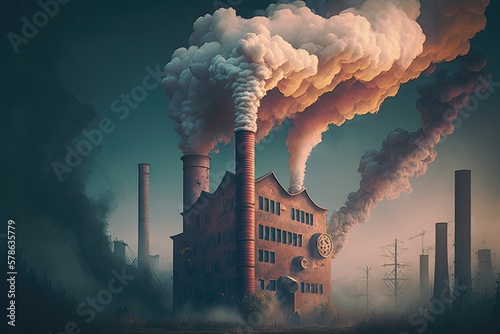 Smoke coming out of the chiimney of a factory. Generative AI photo