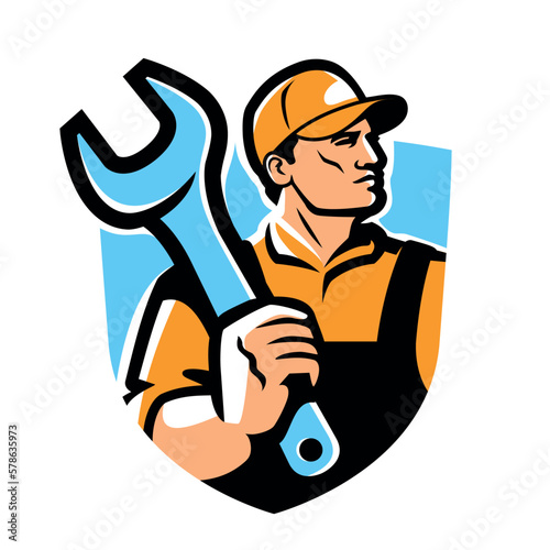 Construction worker, engineer emblem. Builder with wrench, workshop logo in retro style. Vector illustration