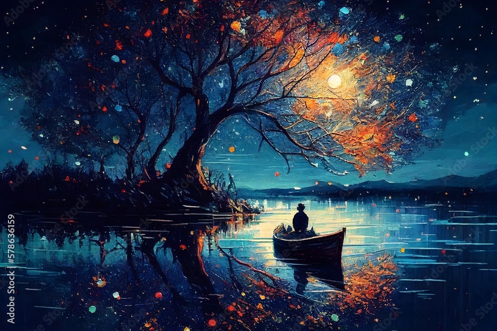 Boat on the Lake of the starry night, digital art style painting,  Generative AI Stock Illustration | Adobe Stock