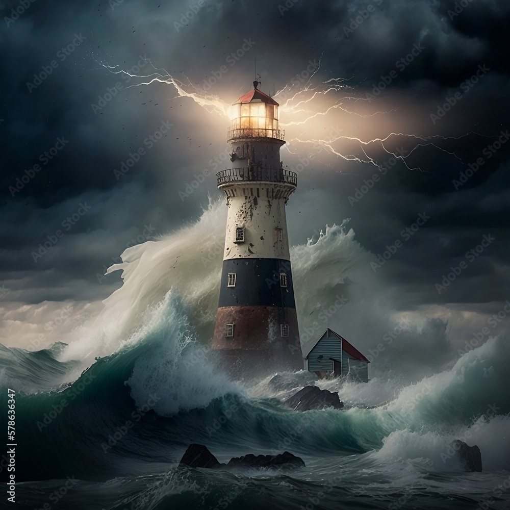 lighthouse at night with storm surge