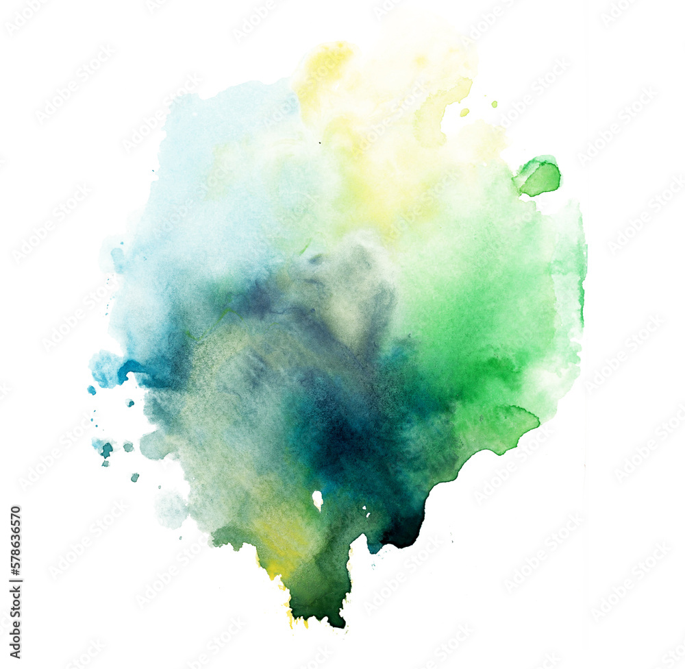 Colorful watercolor splashes in blue green yellow colors. Abstract background illustration. Abstract stains and blot