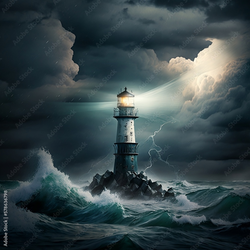 lighthouse at night with storm surge