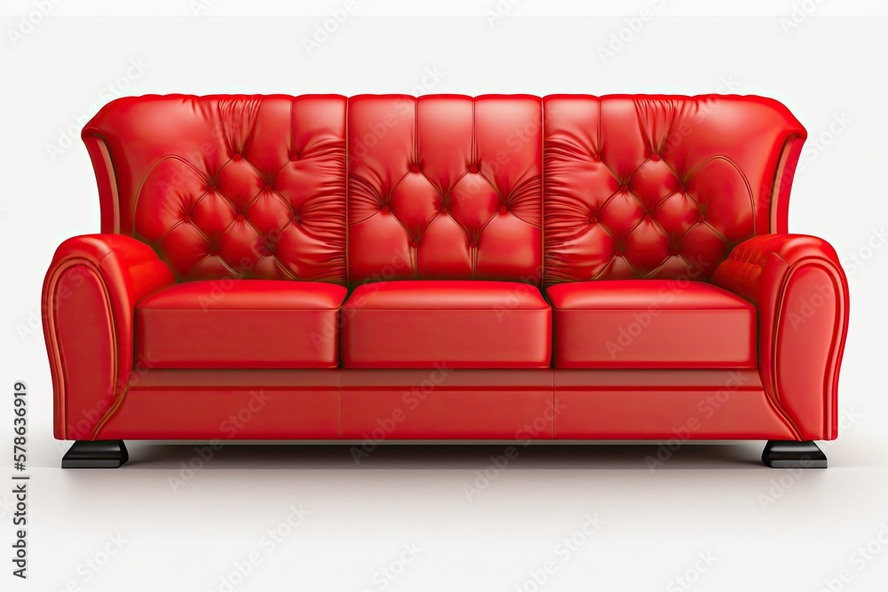Red Leather Couch, Front View, White Background, Isolated. Generative AI