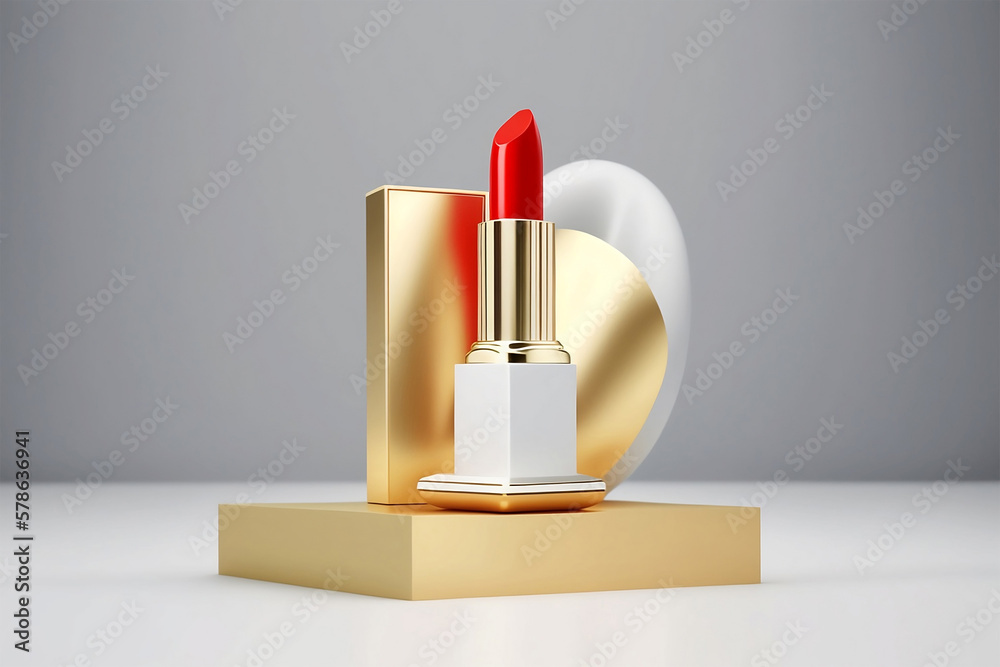 Red lipstick on a golden and white square podium on grey background. Generative ai - obrazy, fototapety, plakaty 