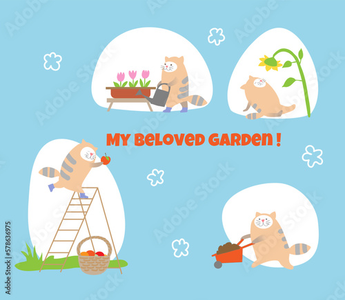 Gardening cat collection. Cute cat picking apples, cat watering the flowers , cat is resting and sunbathing . Vector illustration set.
