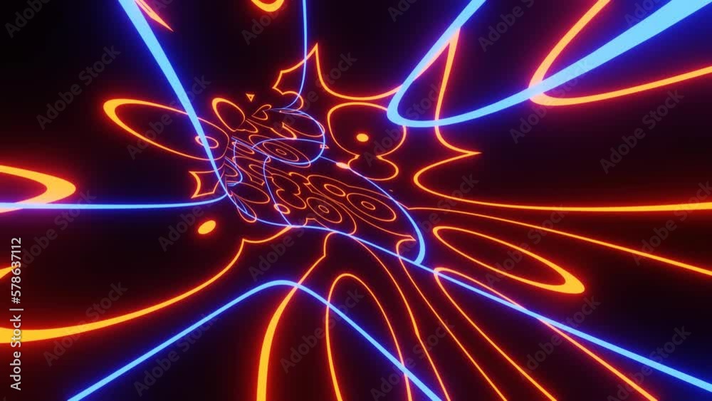 Camera flight in multicolor neon tunnel. Background for playing video jockey, VJ.