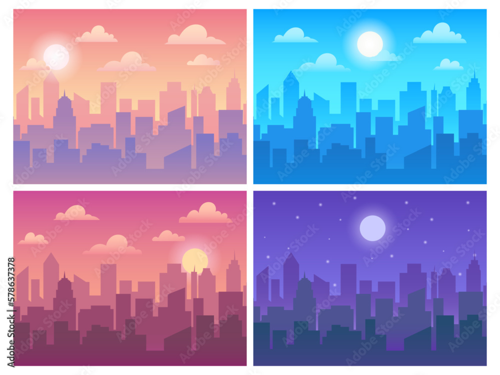 Daytime cityscape. Morning town, afternoon city, evening skyscrape and night urban background. Different time of day vector illustration set. Cityscape silhouette sunset and sunrise
