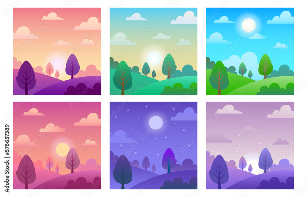 Different times of day landscapes. Noon sun and night moon over field, morning sunrise and evening sunset vector background illustration set. Summer or spring season at midnight or midday