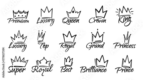 Regal calligraphy crown sign. King, queen, princess and royal luxury emblems with hand drawn crowns. Crowned text vector set. Doodle premium, luxury or top accessory as tiara or diadem © Foxy Fox