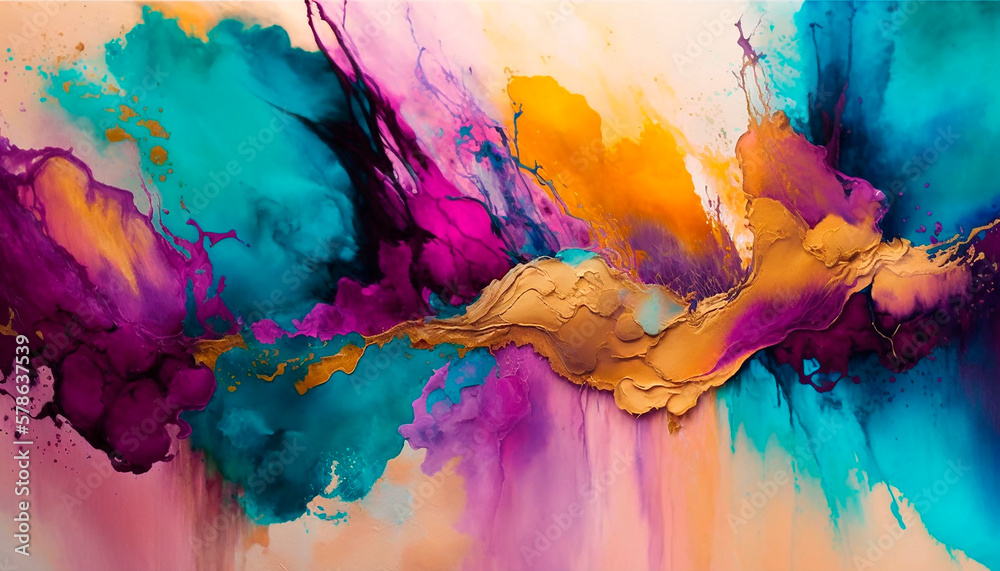 generative ai illustration of abstract transparent thick acrylic wash on raw canvas, turquoise and violet and magenta and orange and gold generative ai illustration of abstract transparent thick acrylic wash on raw canvas, turquoise and violet and magenta and orange and gold