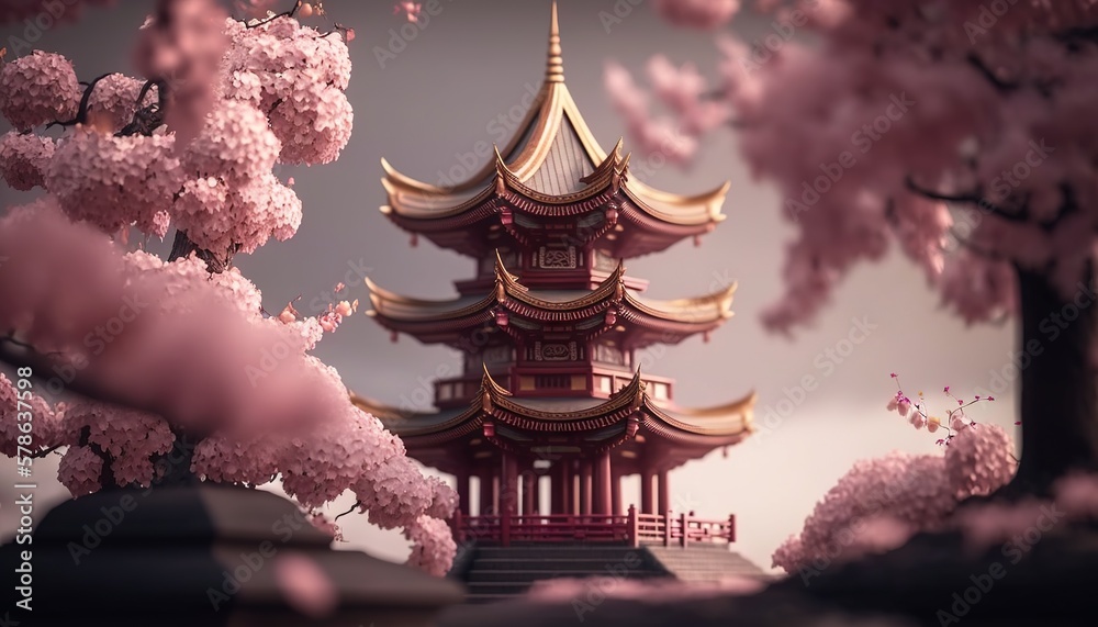 Obraz premium Cherry blossom and japanese traditional temple. Sakura flowers. Generative AI