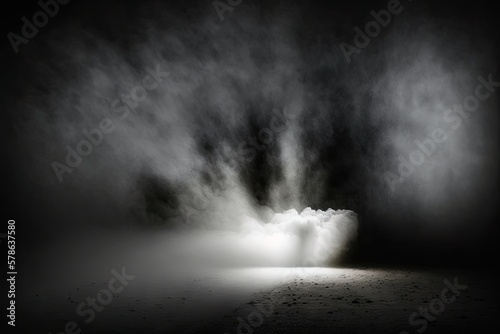 There is a thick layer of dry ice smoke on the ground. Excellent misty light effect highlighted by a single spotlight against a black background. Generative AI
