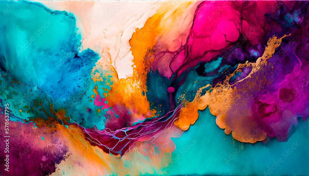 generative ai illustration of abstract transparent thick acrylic wash on raw canvas, turquoise and violet and magenta and orange and gold