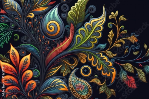 Floral and vintage leaves abstract colorful paisley pattern background on black background as digital illustration  generative AI 