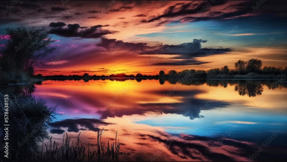 Colorful Sunset Over Peaceful Lake. Vibrant Sky, Reflective Waters.