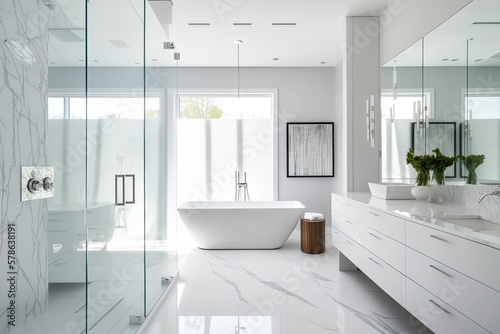 A glass enclosed shower  a freestanding tub  plenty of mirrors  a toilet hidden behind a privacy wall  and sleek white cupboards characterize the roomy master bathroom. Generative AI