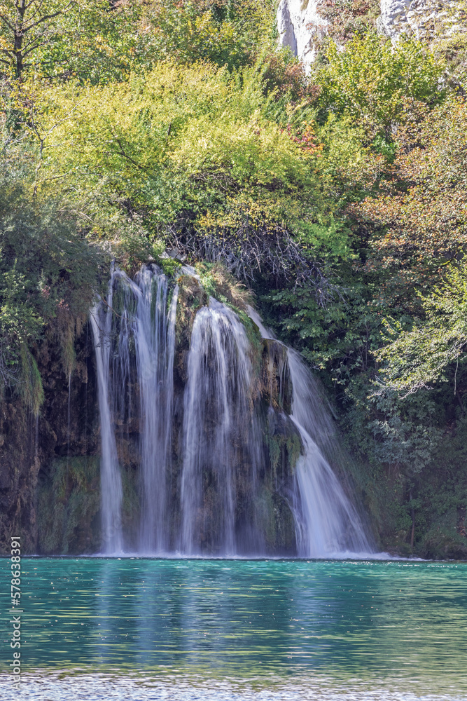 Fototapeta premium Waterfall coming out of the forest in the Plitvice Lakes National Park