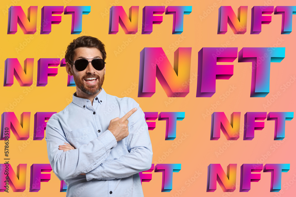 Happy man in sunglasses surrounded by abbreviations NFT on color background - obrazy, fototapety, plakaty 