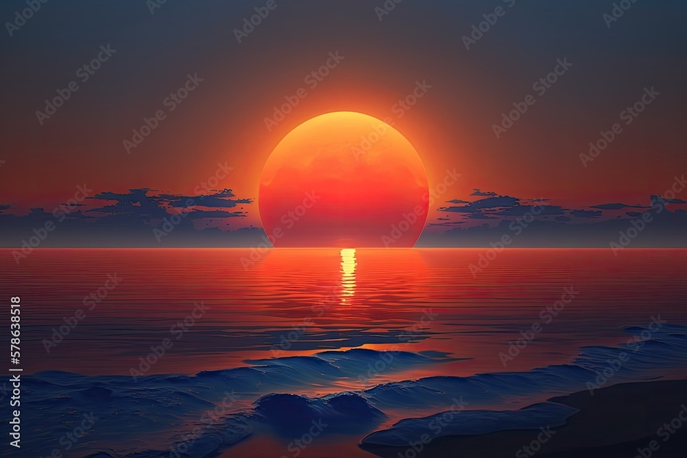 A reddish orange sun rises over a blue ocean. Generative AI