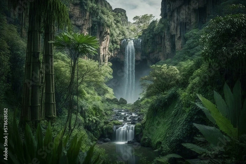Majestic Waterfall Amidst Lush Rainforest. Nature   s Power  Tropical Splendor.