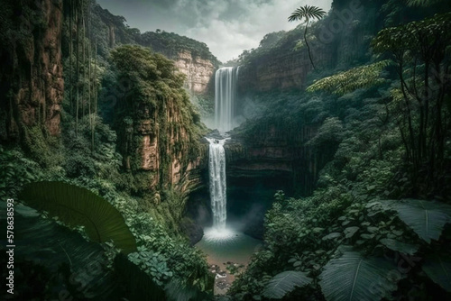 Powerful Waterfall in Dense Rainforest. Tropical Landscape  Nature   s Spectacle.