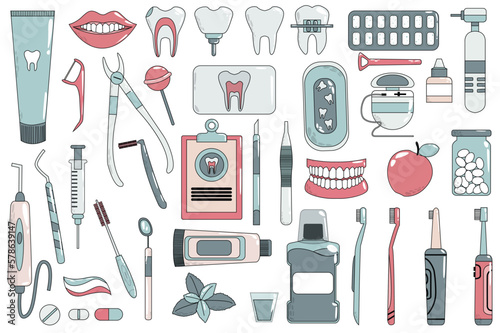Dentistry set concept without people scene in the flat cartoon design. Images of various tools and medicines for dental care. Vector illustration.